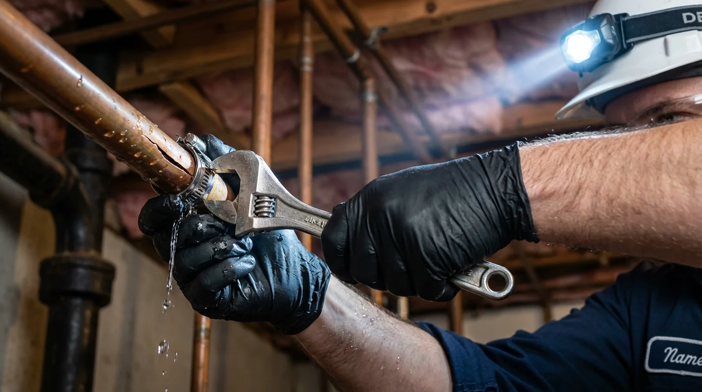 Emergency pipe clamp repair being performed by a Johns Plumbing LLC plumber in Saint Maries