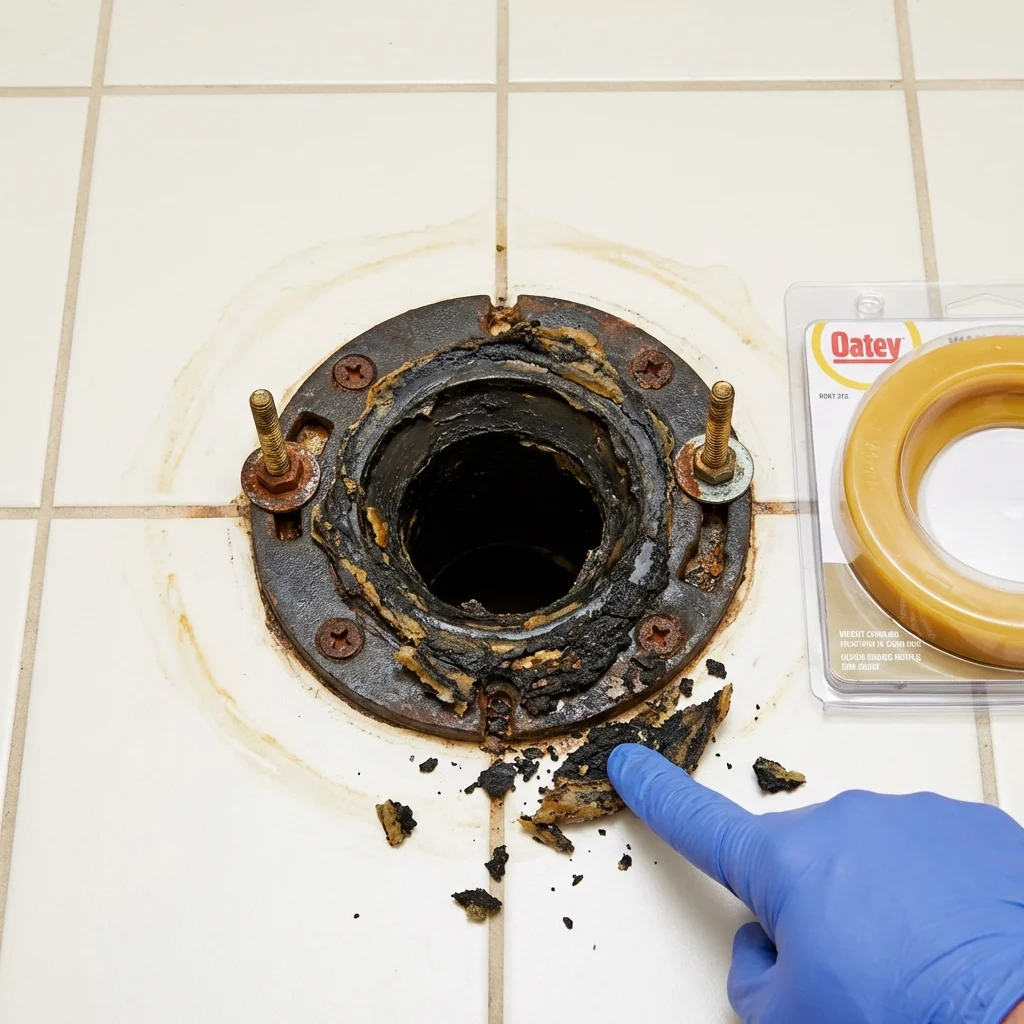 Failed wax ring showing water seepage at the base of a toilet in a Saint Maries, ID home