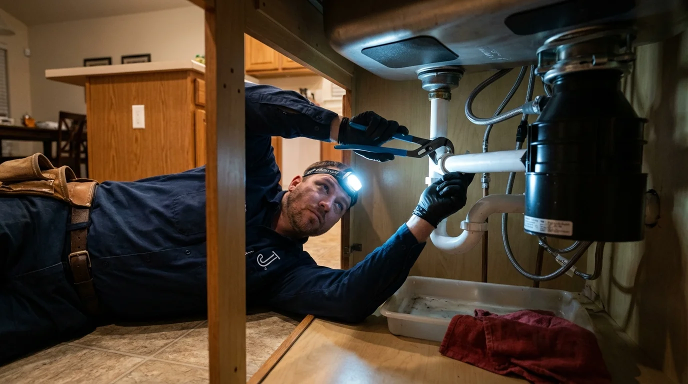 P-trap and supply line connections under a kitchen sink showing a common leak point in Saint Maries, ID